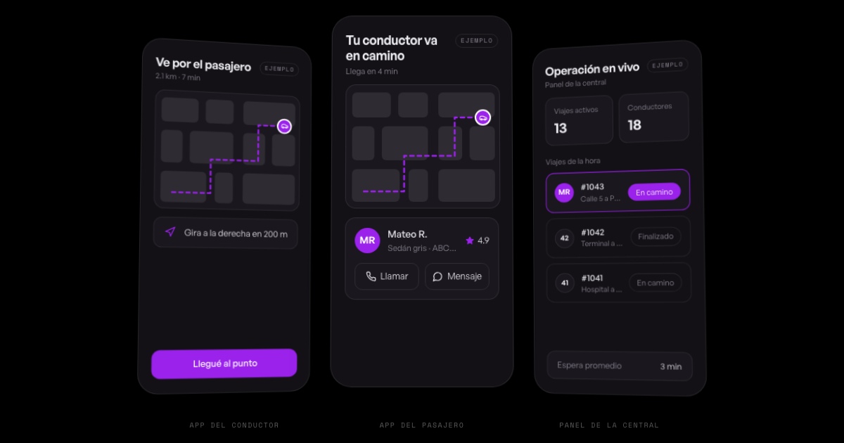 Tres pantallas de ejemplo de una app de transporte: app del conductor, app del pasajero y panel de la central