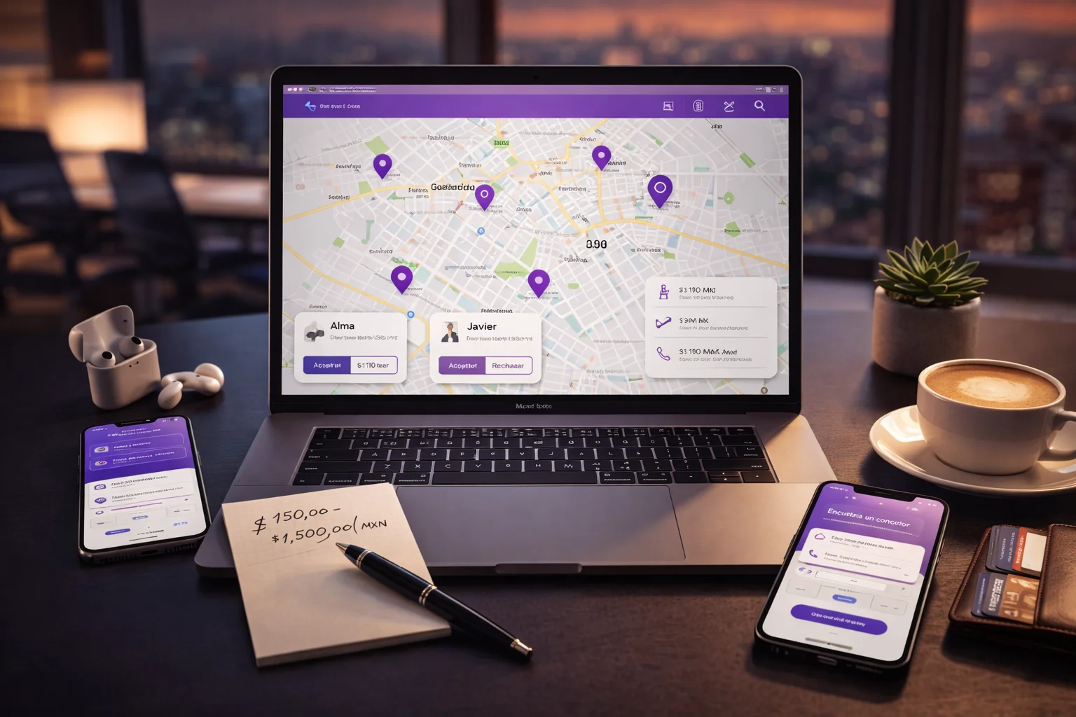 Smartphone mostrando app de transporte tipo Uber en desarrollo - 2026
