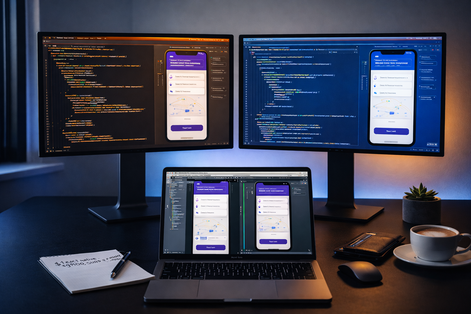 Comparativa React Native vs Flutter en pantalla de laptop - desarrollo de apps 2026